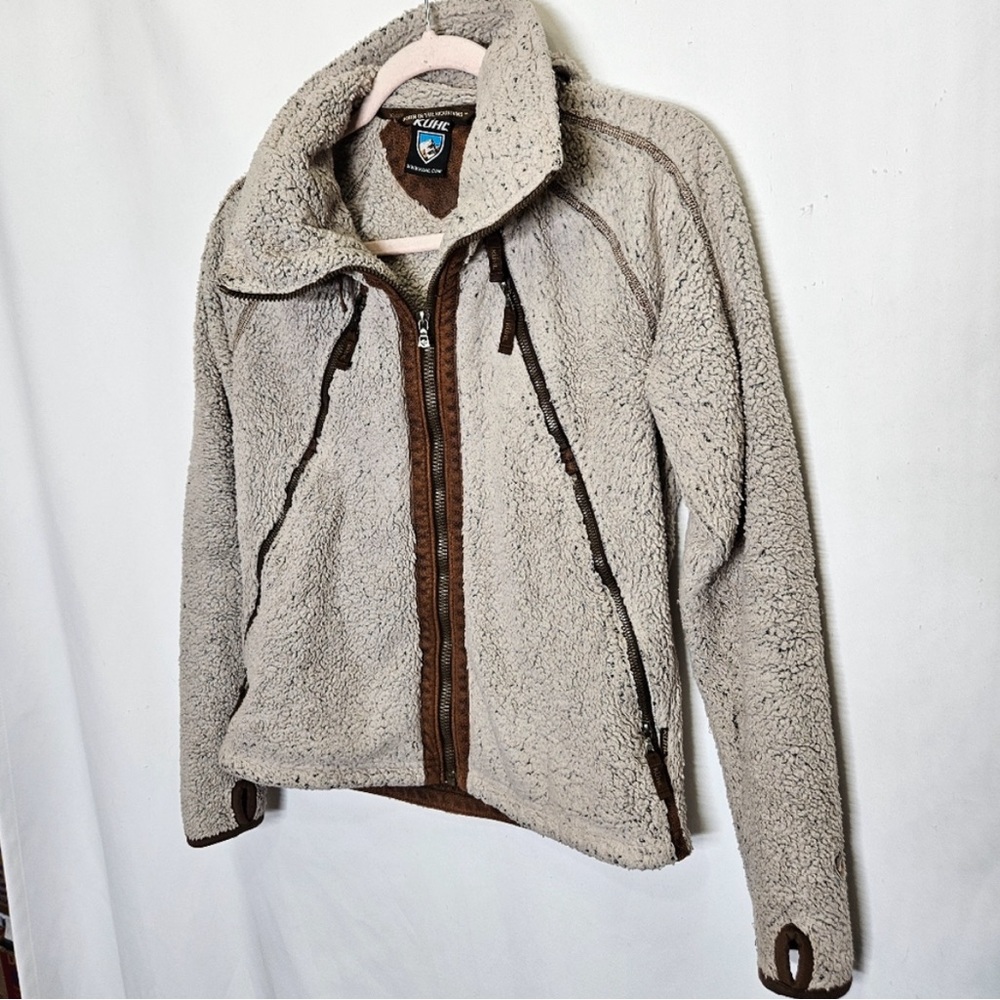 Kuhl Flight Jacket Sherpa stone color Full Zip Tan Brown Hood. RUNS SMALL!